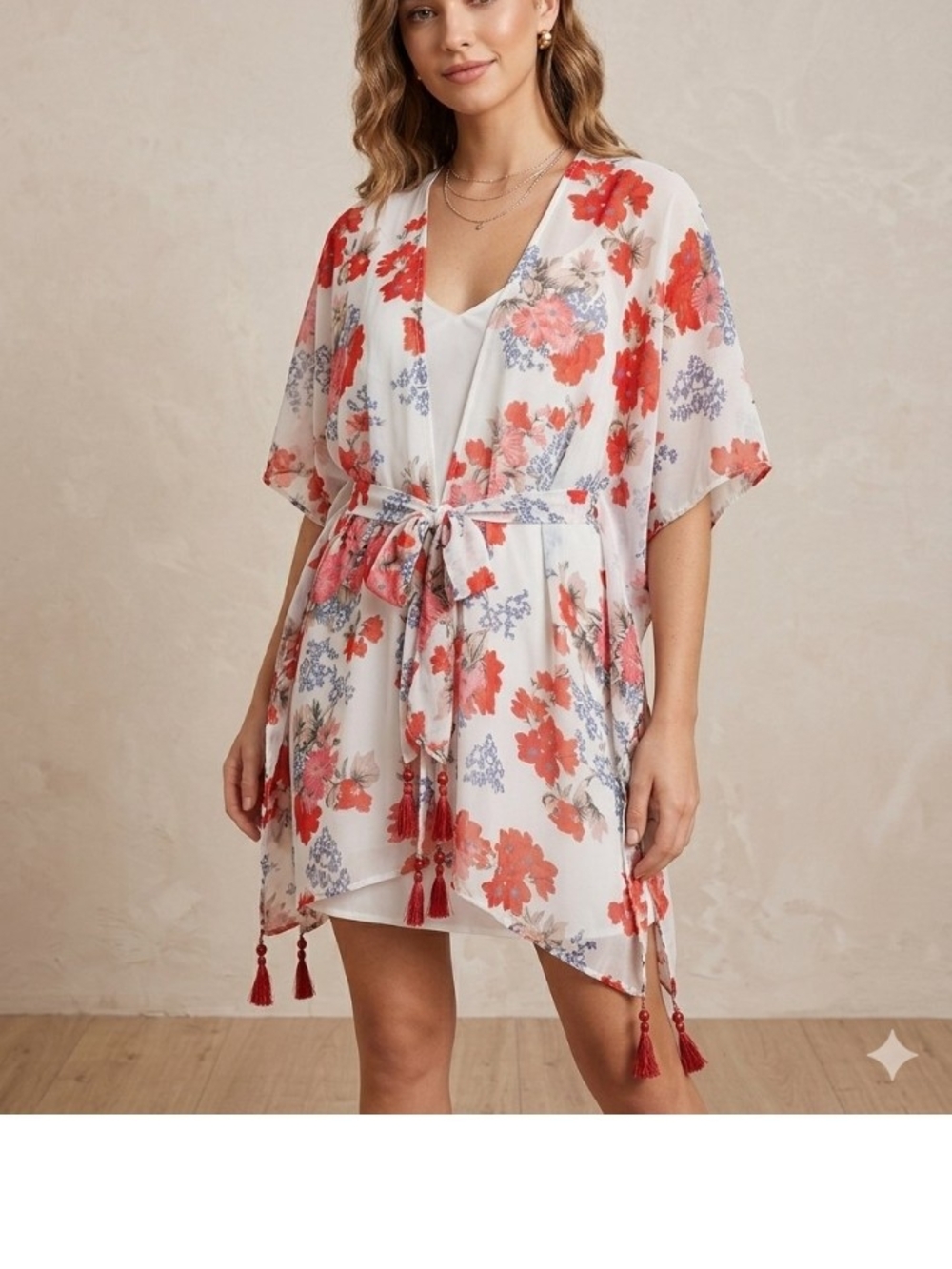 America And Beyond Floral Sheer Boho Kimono Kaftan Cover-Up Tunic Medium